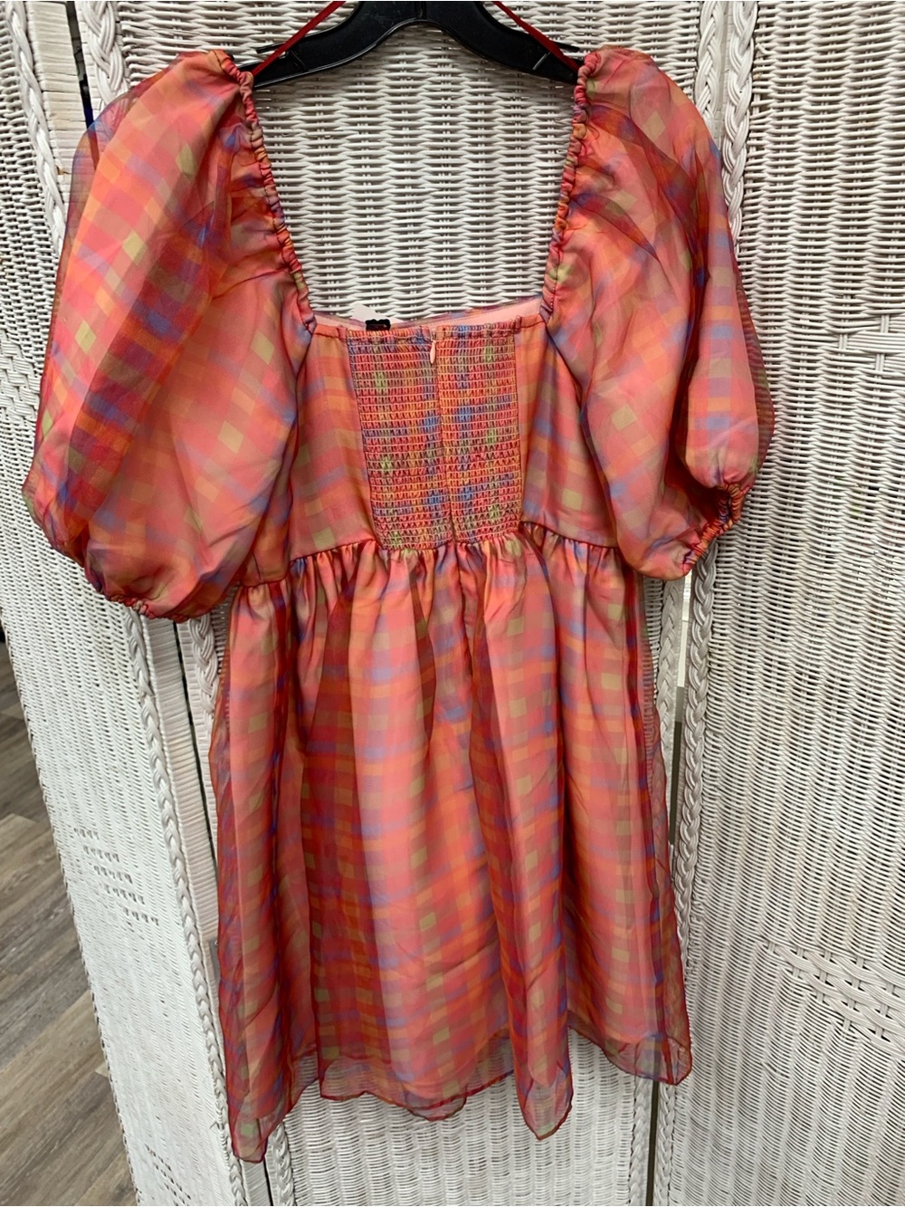 Endless Rose Coral-Pink Plaid Puff-Sleeve Mini Dress NWT - Picture 3 of 4